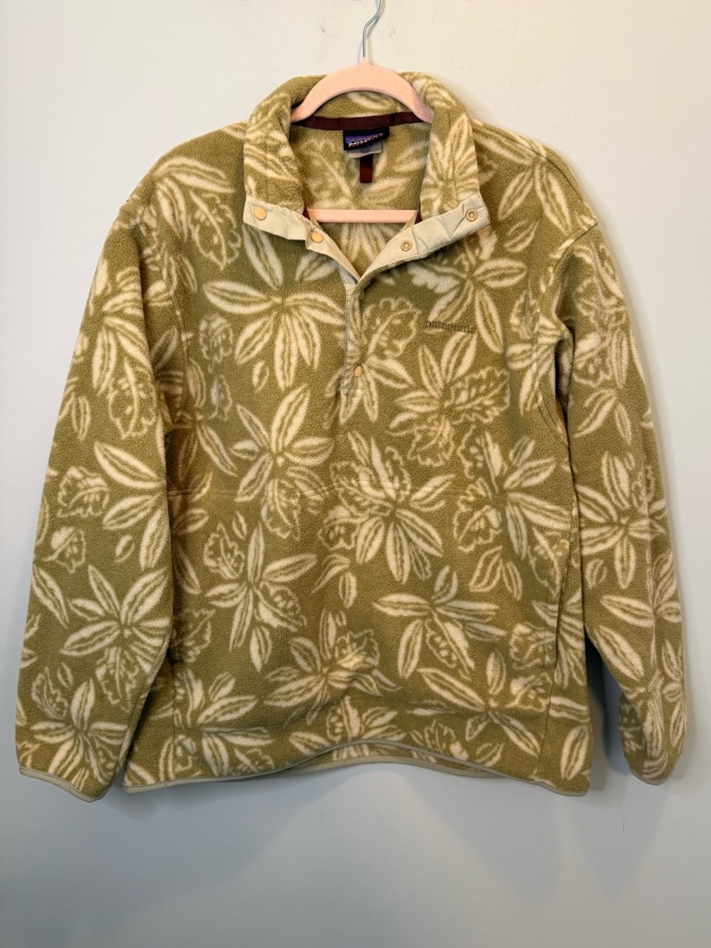 Vintage Patagonia Synchilla Fleece Snap-T Pullover Hawaiian Leaves Green Large